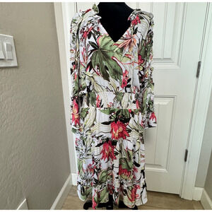 Chico’s Maui Alabaster Floral Dress Sz. Chicos 2 Women's 12 Bell Sleeve Smocked